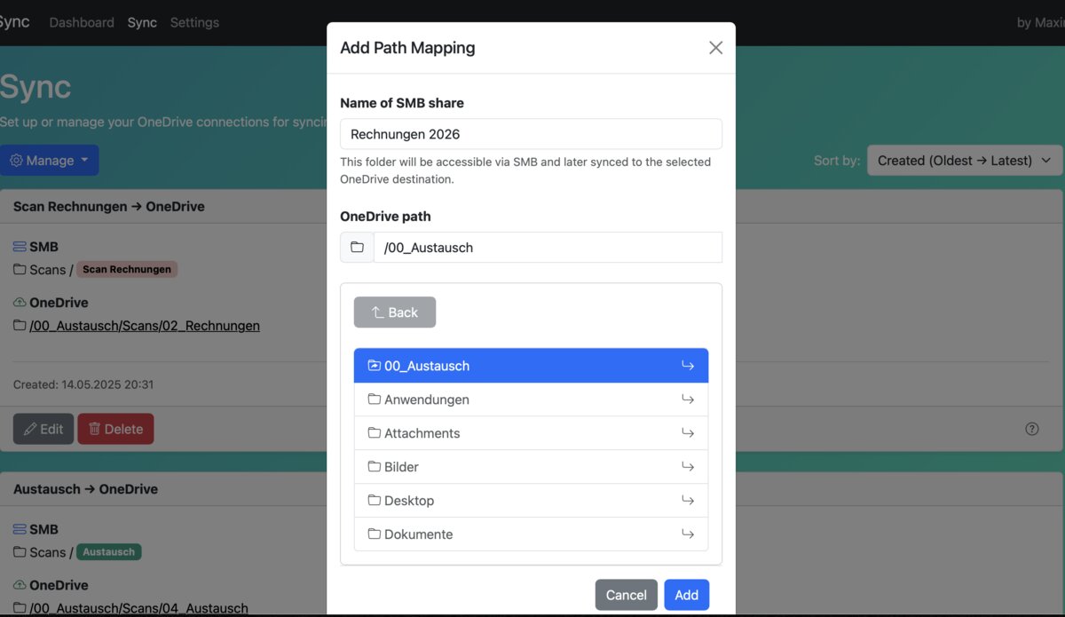 ScanSync Dialog zum Hinzufügen einer neuen Ordner-Zuordnung