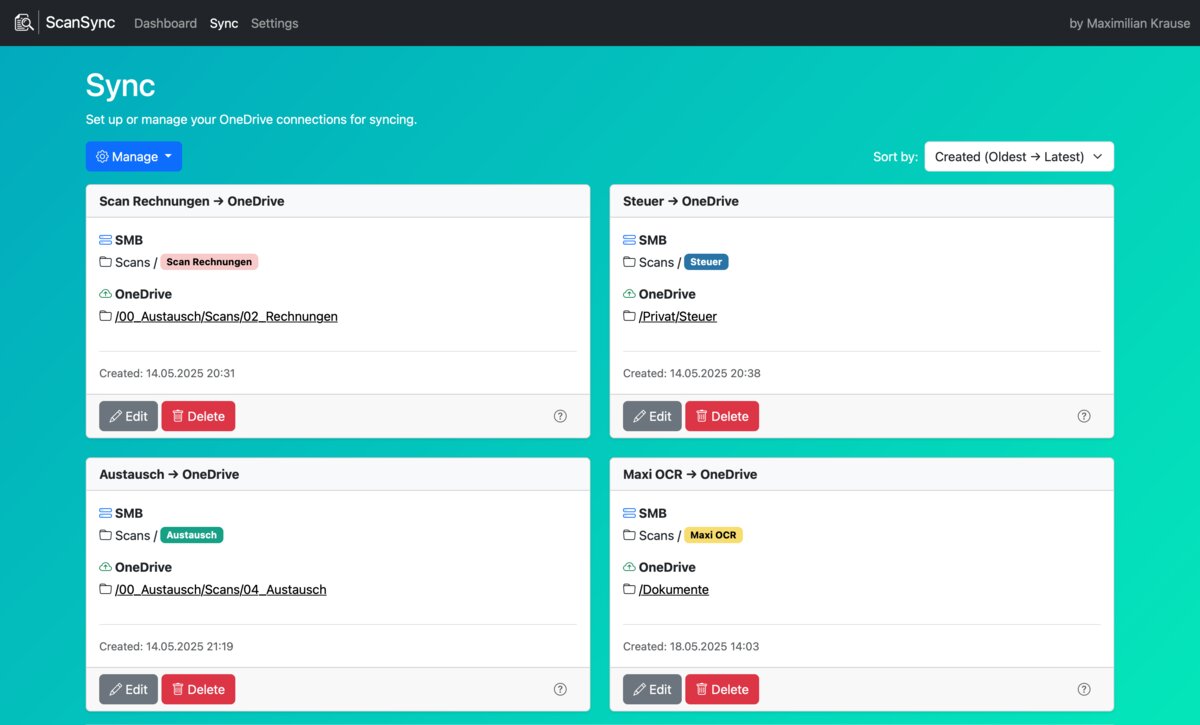 ScanSync Sync-Seite mit OneDrive-Verbindungen
